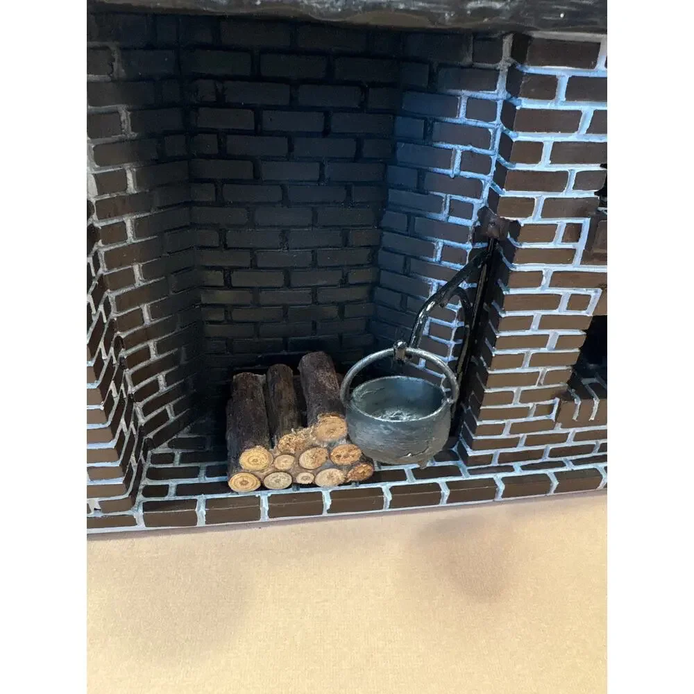 Miniature Dollhouse Resin Brick Hearth Cooking Fireplace Colonial Kettle Wood